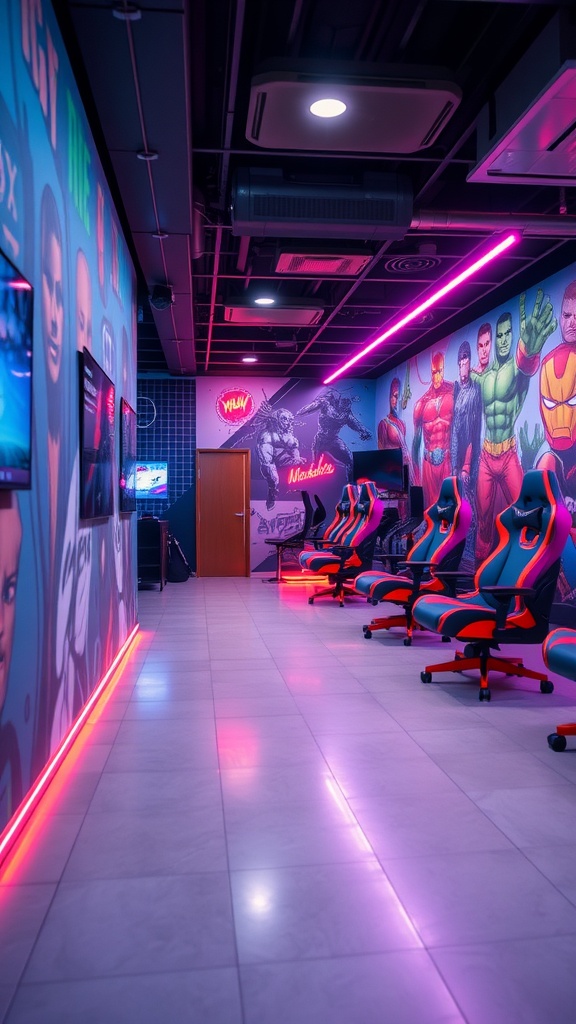 A colorful gaming room with ergonomic chairs, neon lights, and wall art featuring gaming characters.