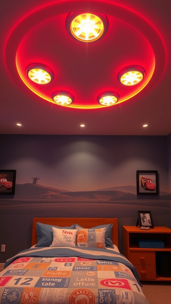 A Lightning McQueen themed room featuring a unique ceiling light resembling car headlights with a red glow.