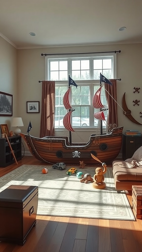 A themed living room with a pirate ship play area and various toys.