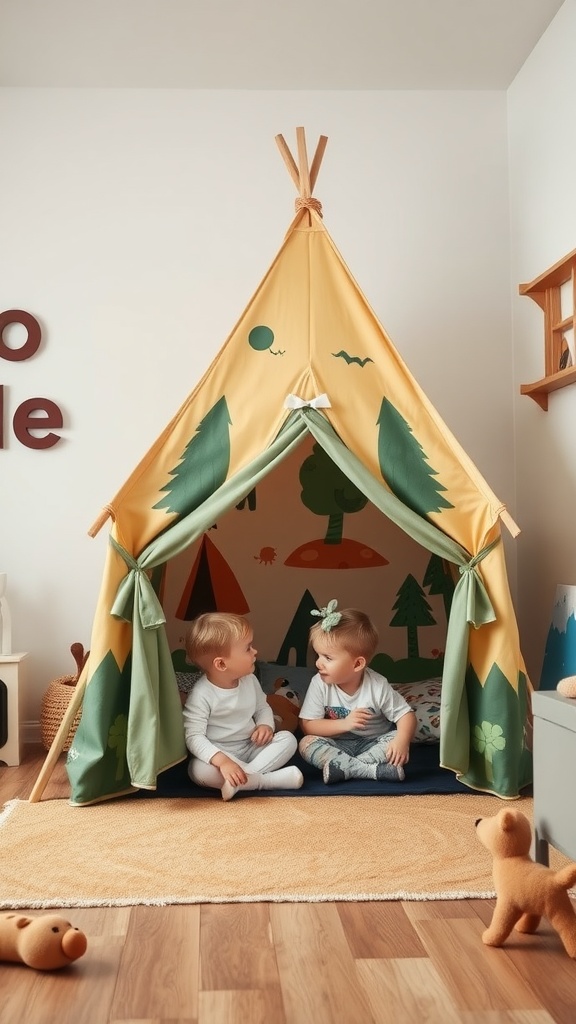 Two toddlers sitting in a colorful play tent with tree designs, playing together on a soft mat.