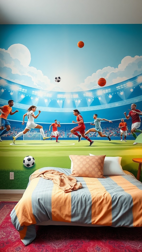 A colorful wall mural depicting kids playing soccer and basketball in a stadium setting