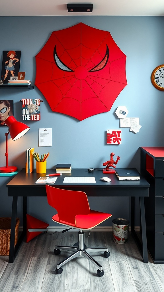 A vibrant Spider-Man themed study area featuring a red web decoration, a sleek desk, and fun stationery.