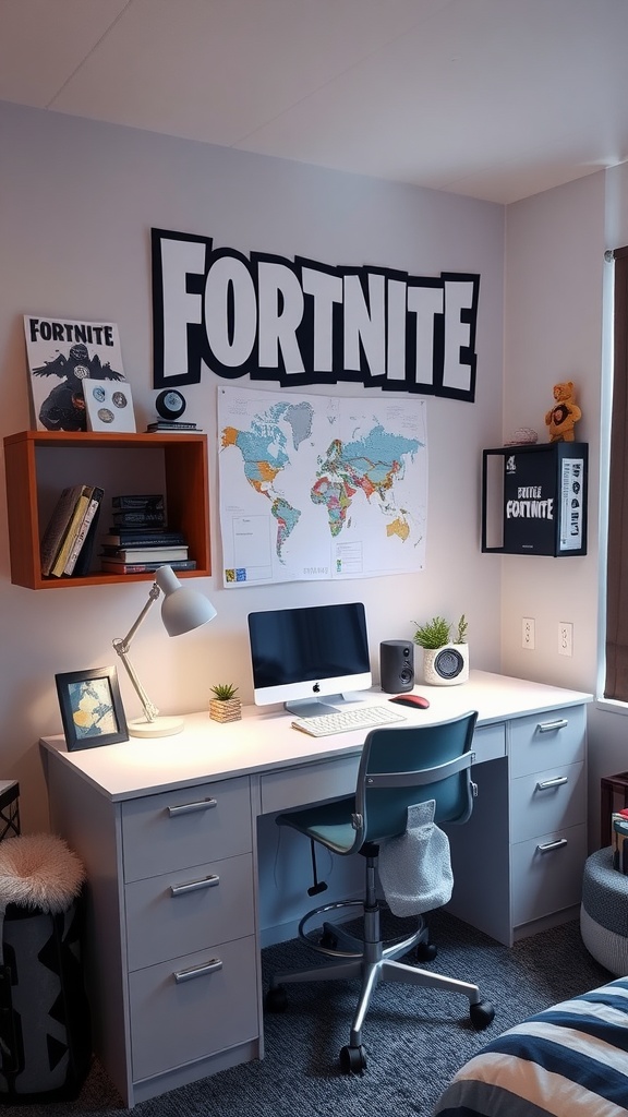 A themed study corner featuring a Fortnite banner, a desk with an iMac, books, and plants.