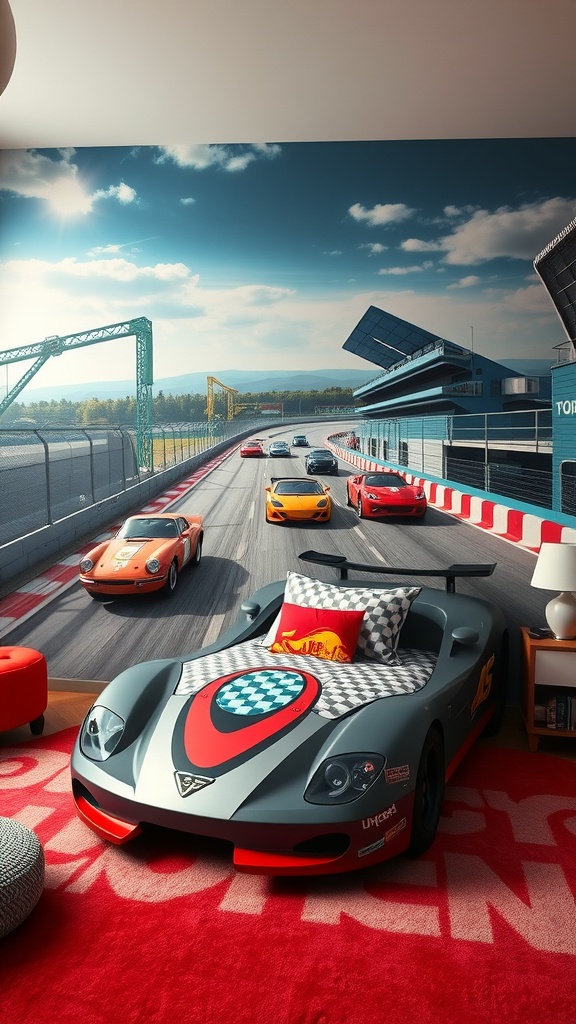 A vibrant mural of a racetrack with sports cars in a boy's bedroom, featuring a car-shaped bed.