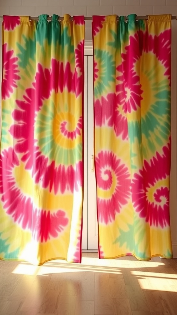 Colorful tie-dye patterned curtains in pink, yellow, and teal