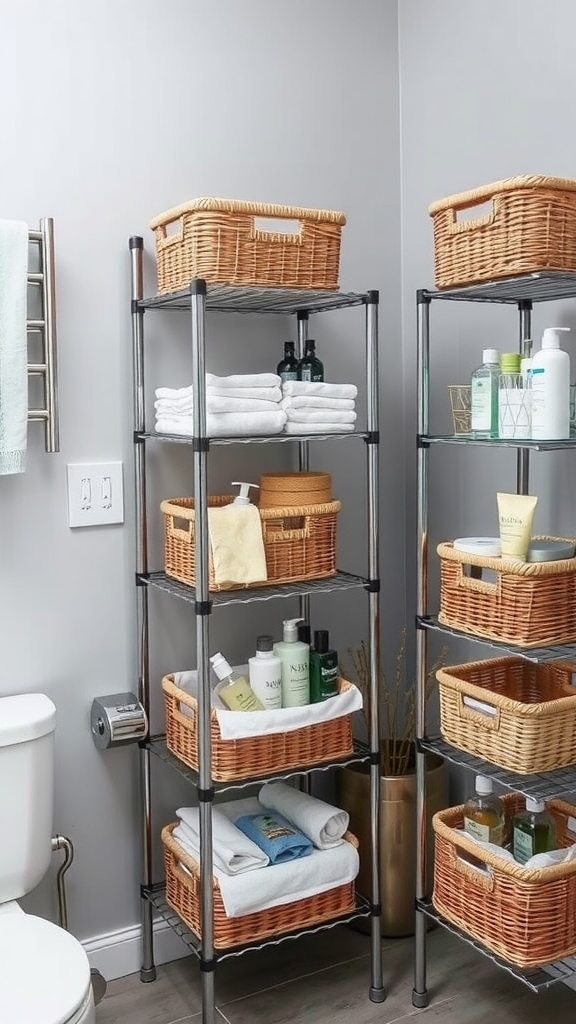 A stylish tiered shelving unit in a bathroom, featuring towels and woven baskets for storage.