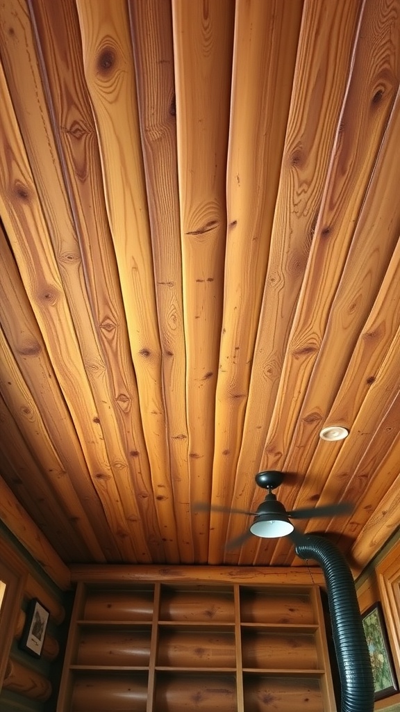 Tongue and groove wood ceiling showcasing natural wood grain and texture.