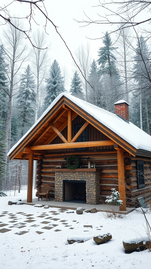 A traditional log cabin in a snowy forest landscape, featuring a stone fireplace and wooden porch.