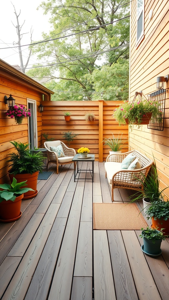 A traditional wooden patio with light wooden flooring, two comfortable chairs, a small table, and potted plants.