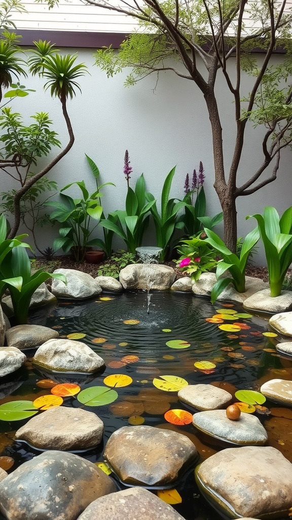 A tranquil pond surrounded by stones and plants, with floating leaves and a gentle fountain.