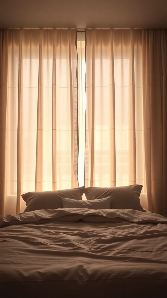 A cozy bedroom with backlit sheer curtains, softly illuminating the space.