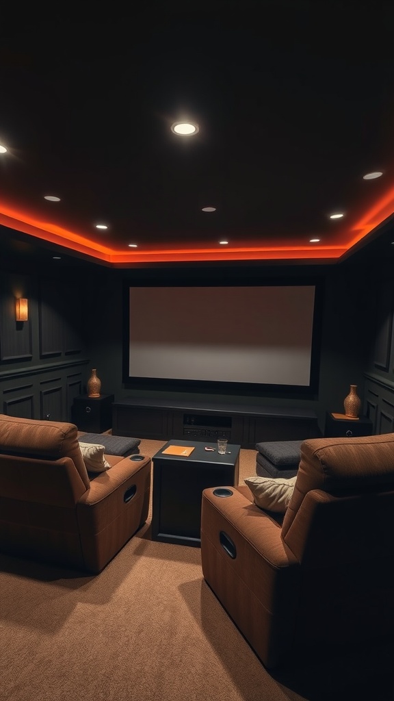 Cozy home theater setup in a basement.