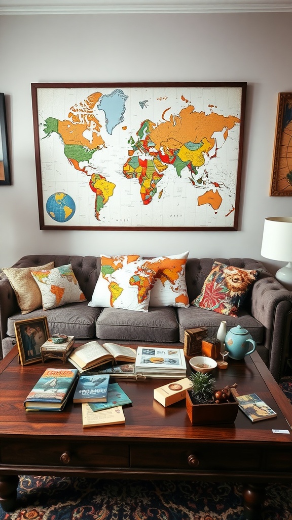 A cozy living room with a coffee table displaying travel-inspired decor, including books and souvenirs, and a world map on the wall.