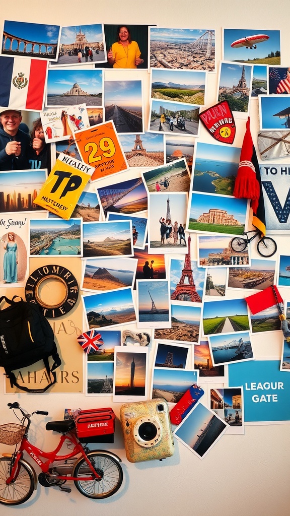 A colorful collage of travel photos and souvenirs, showcasing landmarks and personal mementos.