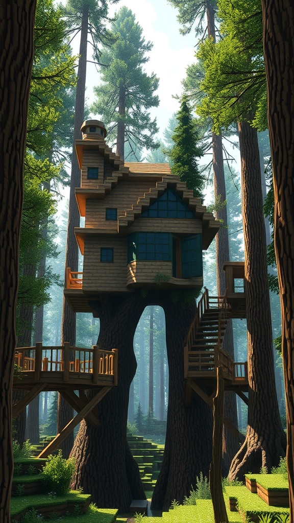 A beautifully designed treehouse nestled among tall trees in a forest setting