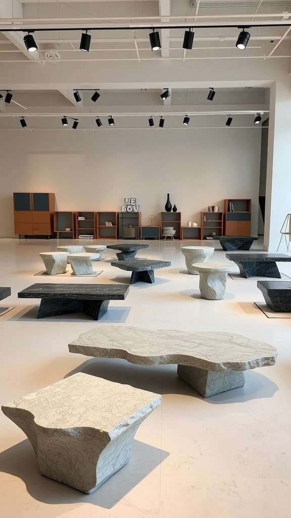 A showroom showcasing various stone coffee tables in different shapes and colors.
