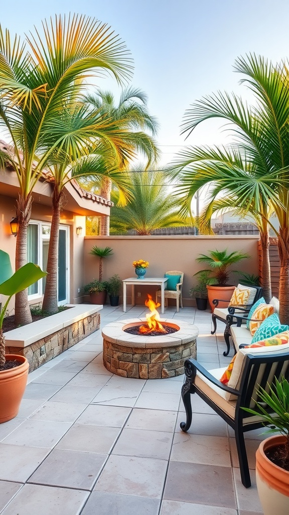 Tropical patio with a built-in fire pit surrounded by palm trees and colorful seating.