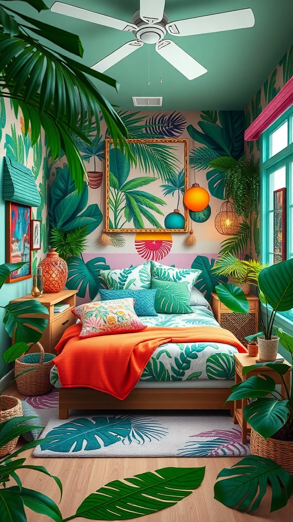 A vibrant tropical-themed bedroom filled with plants, colorful decor, and a cozy bed.