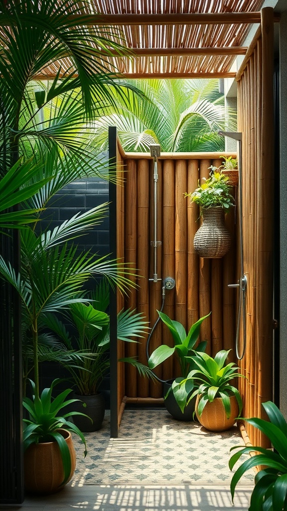 Outdoor tropical shower space made of bamboo with green plants and a modern showerhead.