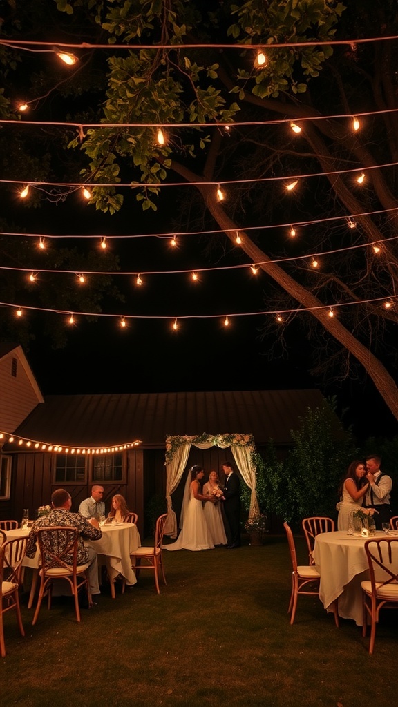 A backyard wedding in the evening with fairy lights strung above, guests sitting at tables, and a couple dancing.