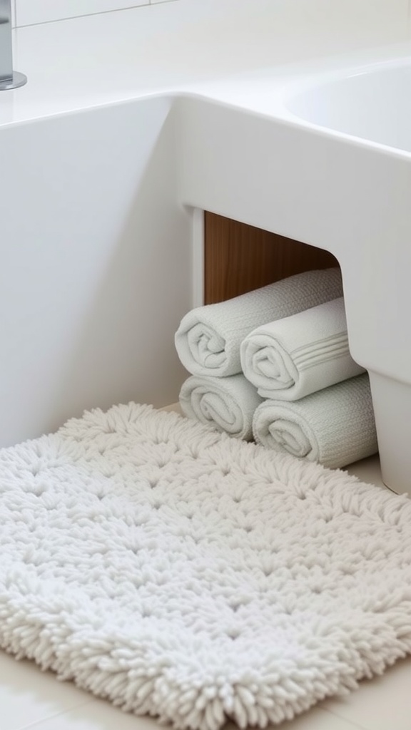 Neatly rolled towels stored under a bath mat in a bathroom