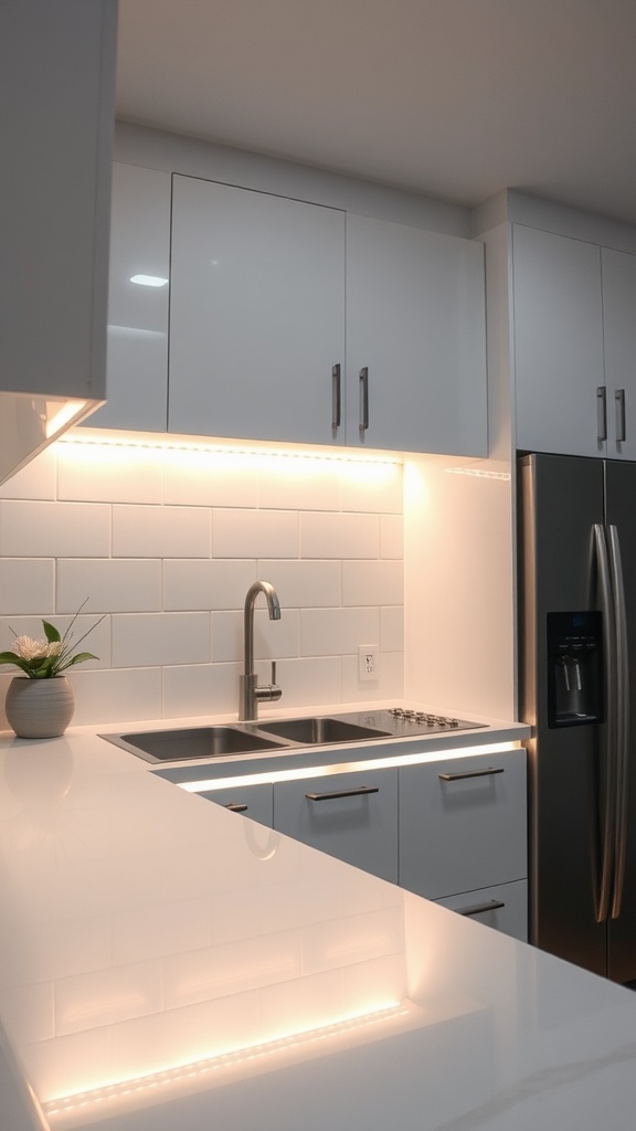 A modern kitchen featuring under-cabinet LED strip lighting illuminating the countertops.