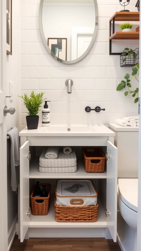 Under-sink storage with a white sink and woven baskets for organization