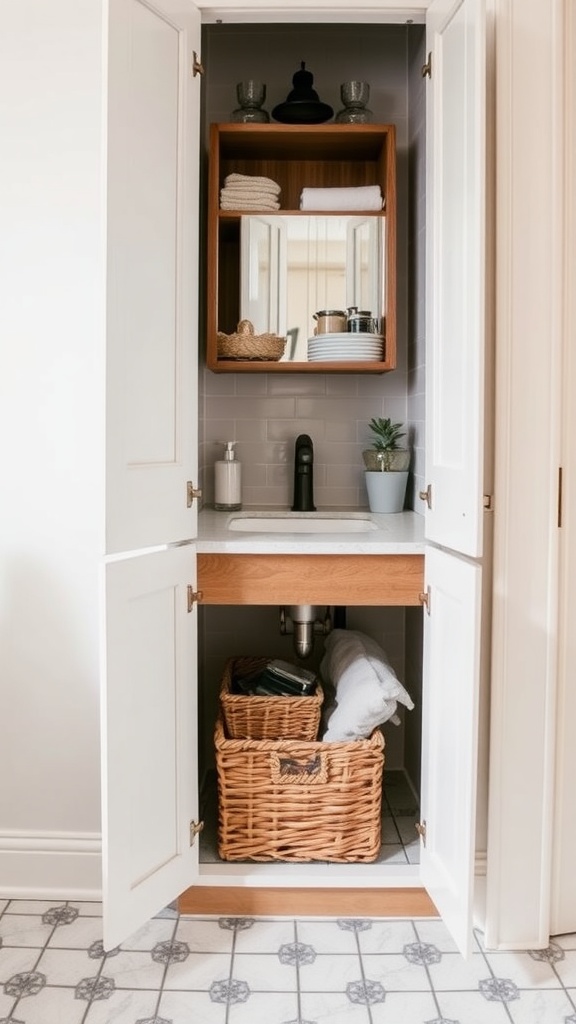 Stylish under-sink storage featuring a mirror cabinet above and wicker baskets below.