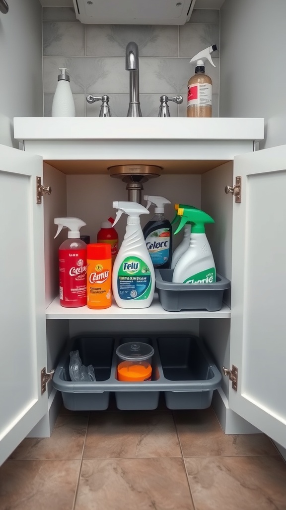 Organized under-sink storage with cleaning supplies in bins