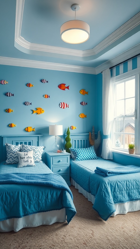 A bright blue bedroom for two boys featuring fish decorations and nautical theme.