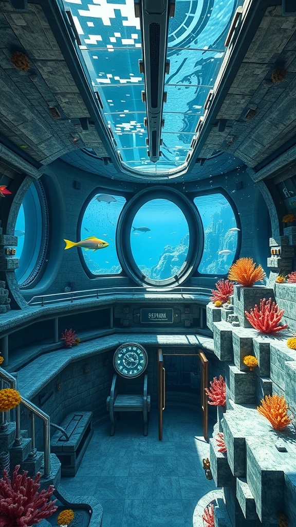 Interior view of a Minecraft underwater base with large glass windows, coral decorations, and a cozy atmosphere.