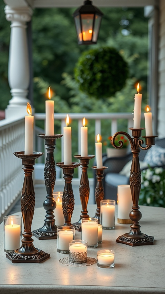 A collection of candle holders with various designs, some tall and ornate, others short and simple, surrounded by flickering candles on a porch.