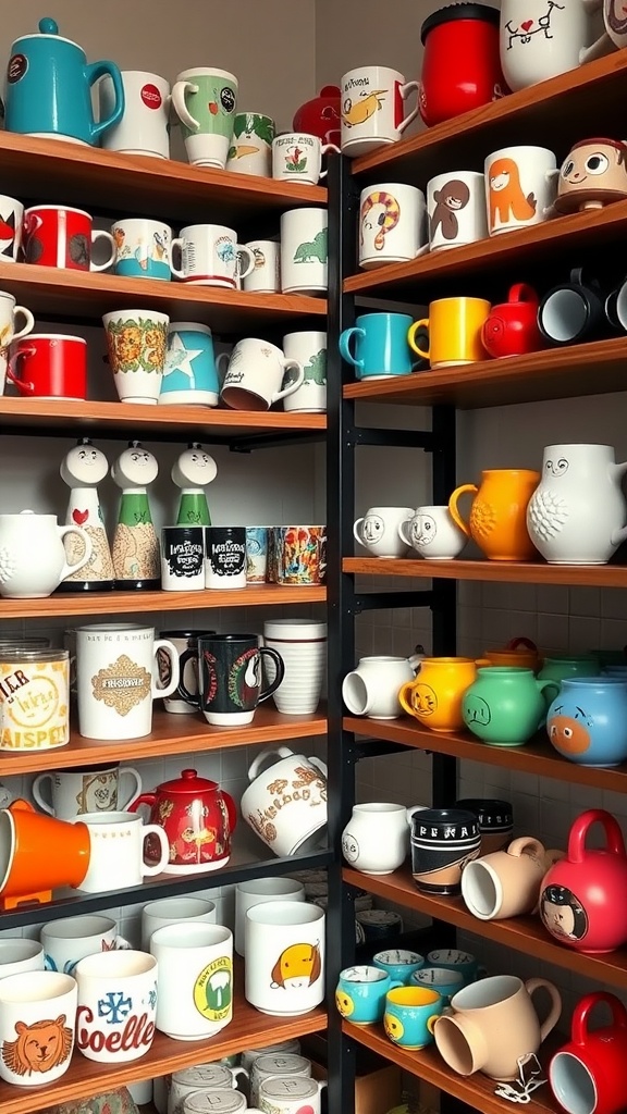 Various colorful coffee mugs arranged on wooden shelves