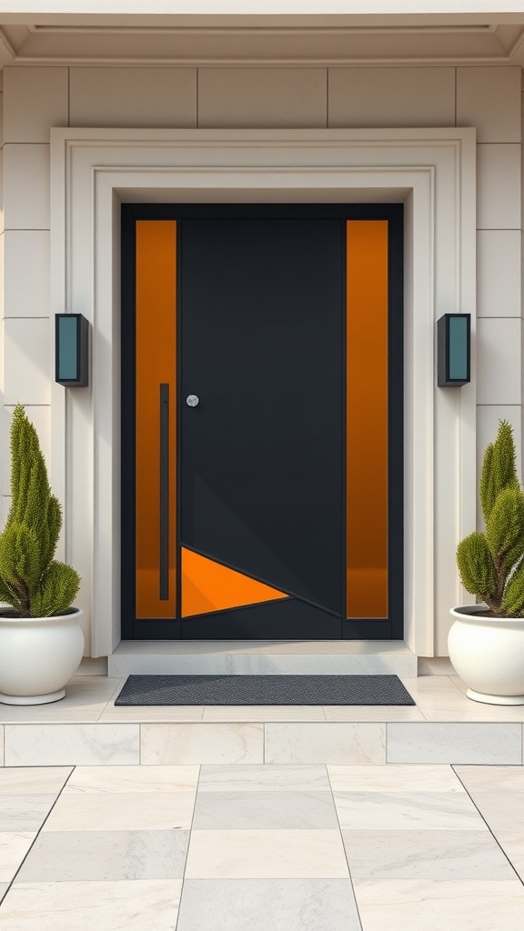 A modern front door with black and orange accents, flanked by stylish light fixtures and potted plants.