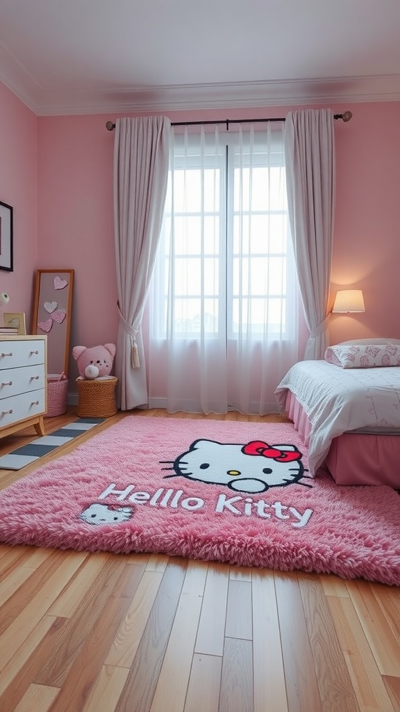 A cozy Hello Kitty themed bedroom with a pink rug featuring Hello Kitty.