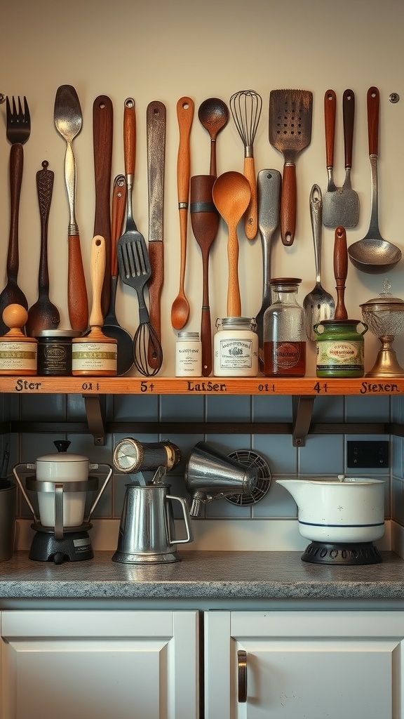 A collection of kitchen utensils displayed on a wall shelf, featuring wooden spoons, metal tools, and jars.