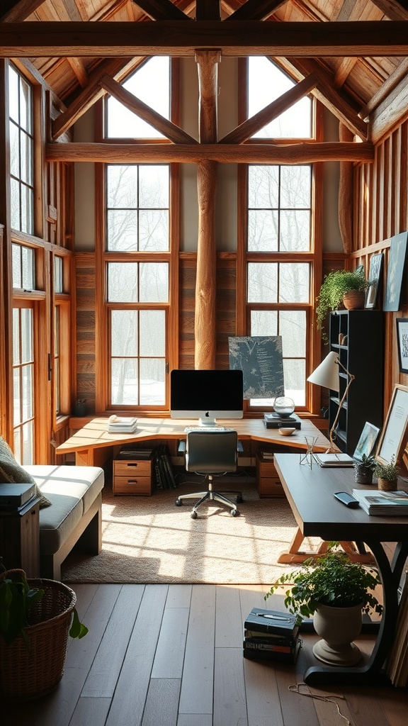 A cozy office space inside a barndominium featuring large windows, wood elements, a desk, and plants.