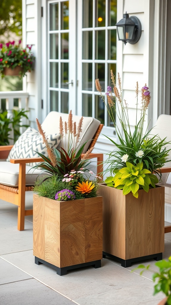 A cozy patio with wooden planters filled with flowers, alongside a comfortable chair.
