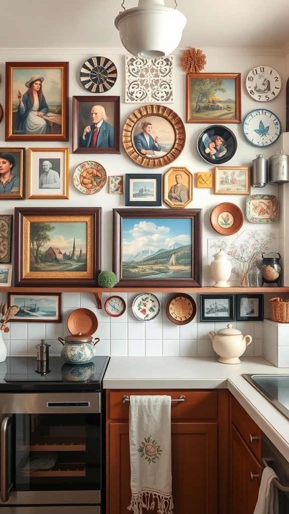 A cozy kitchen wall adorned with various framed artworks and decorative plates.