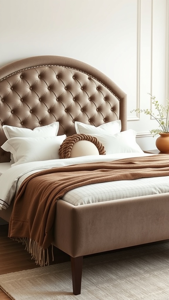 A cozy upholstered bed frame with a tufted headboard, soft pillows, and a warm throw blanket.