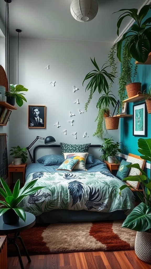 Teen boy bedroom with urban jungle theme featuring plants, colorful bedding, and a cozy layout.
