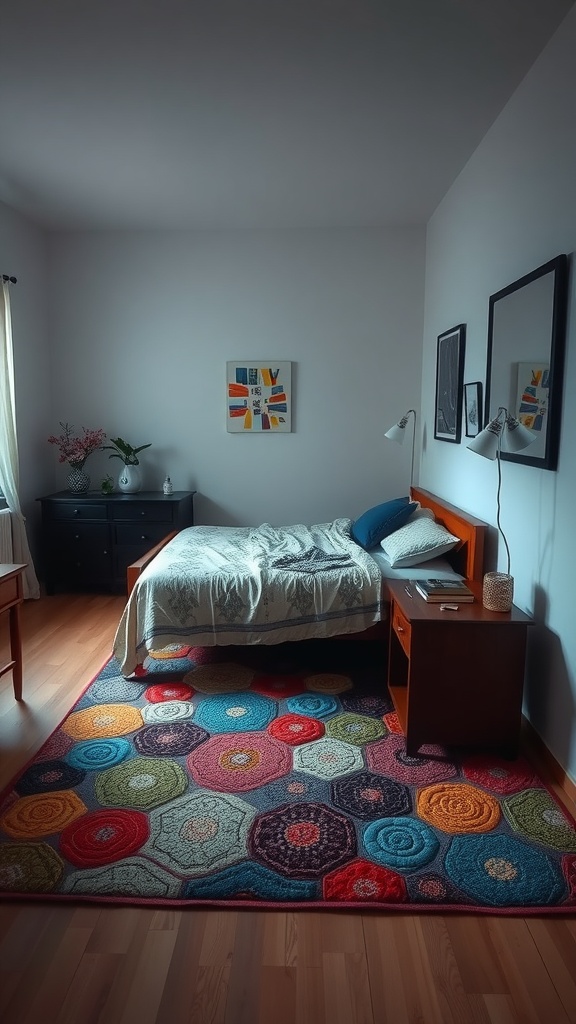 A cozy bedroom featuring a colorful area rug under the bed and a nightstand.