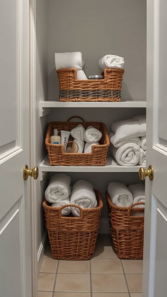 Neatly organized bathroom closet with rolled towels and wicker baskets.