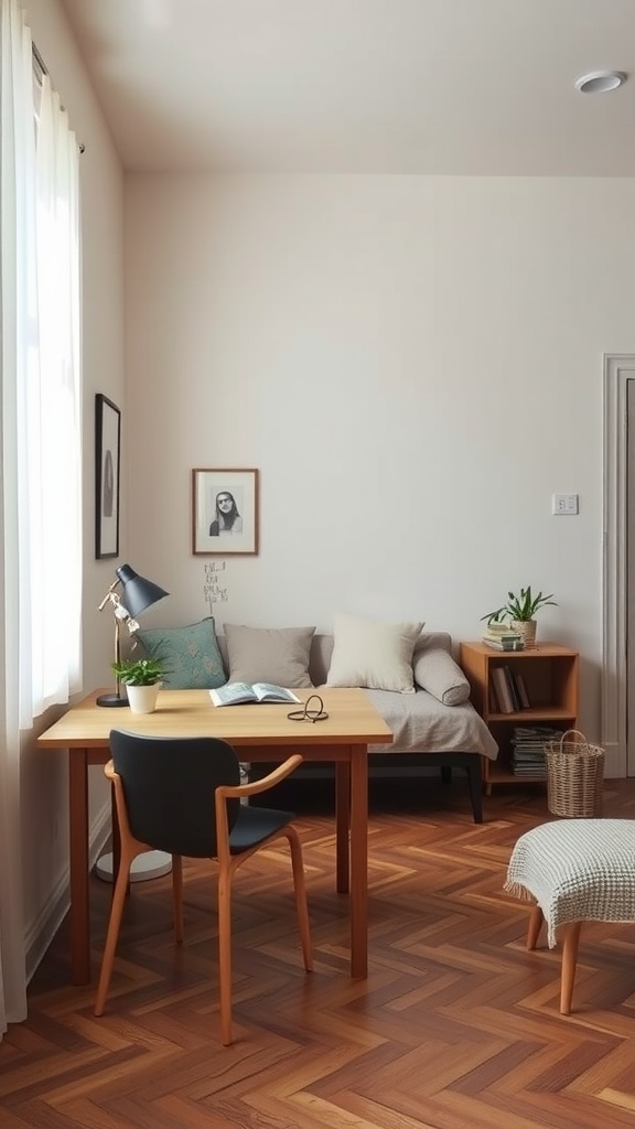 A cozy studio apartment featuring neutral tones, wooden flooring, and minimalistic decor.