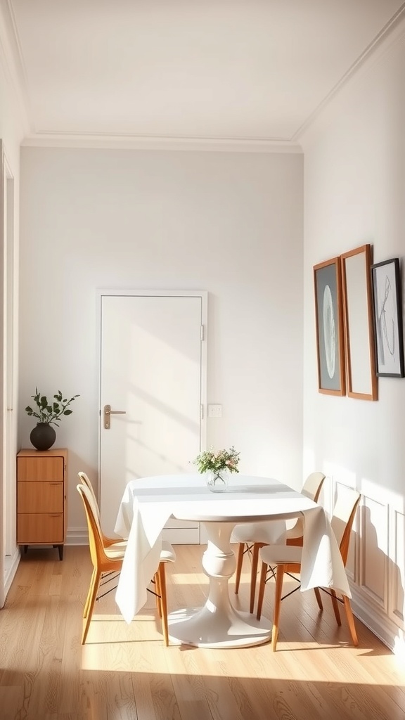A small, bright dining room featuring a round table with four chairs, a cabinet, and wall art.