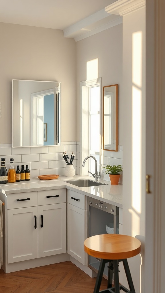 A bright kitchen with a large mirror reflecting light, creating an open and airy atmosphere.