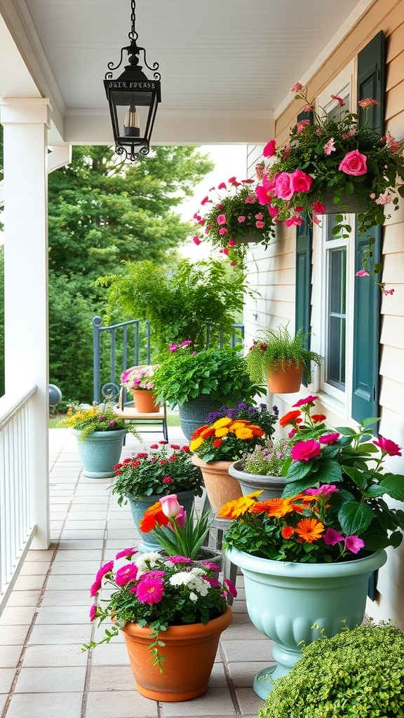 Colorful flower planters on a back porch, featuring various plants arranged in pots and hanging baskets.