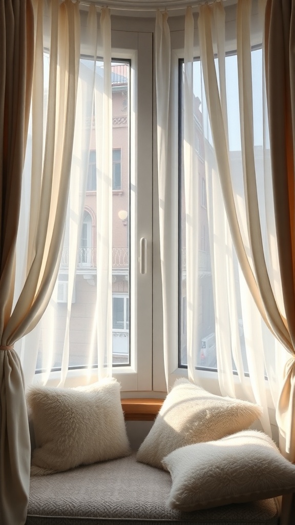 A cozy window nook with sheer curtains allowing soft light to filter through.
