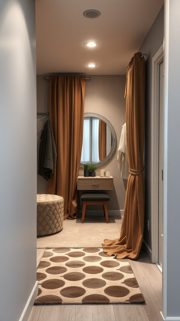 A small dressing room featuring warm curtains, a round mirror, a cozy pouf, and a patterned rug.