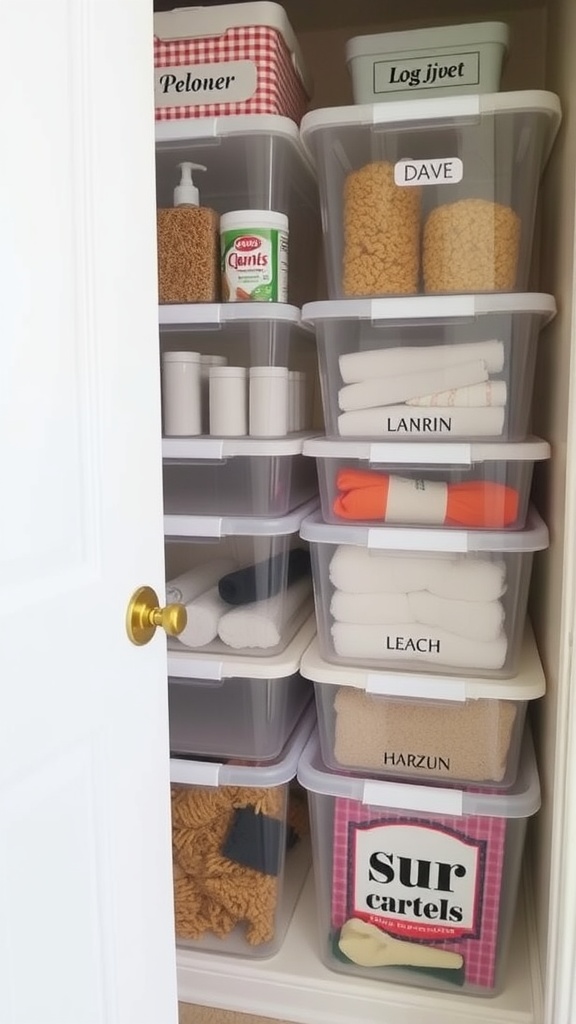 Organized bathroom closet with labeled clear storage bins